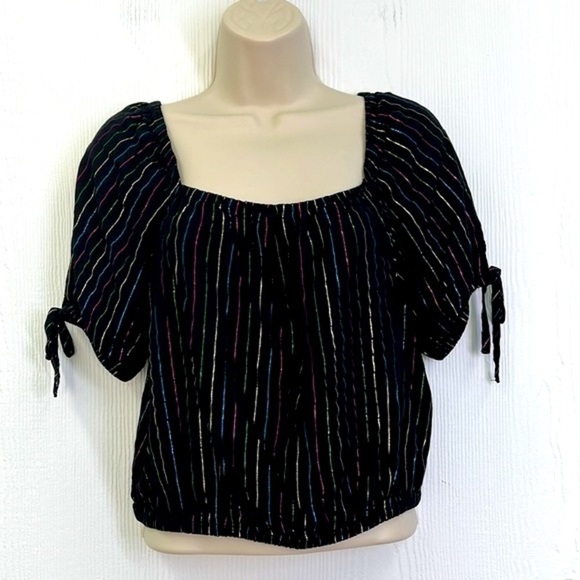 Express - Off The Shoulder Rainbow Stripe Black Crop Top Size Small - Picture 2 of 10